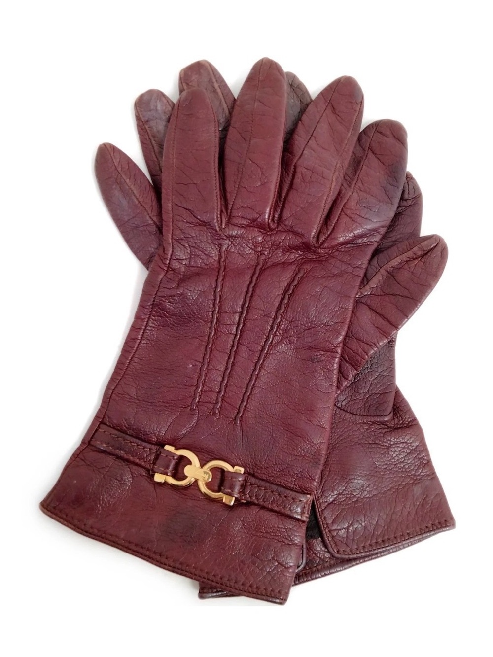 Salvatore Ferragamo Burgundy Leather Gloves Gancini Silk Lined Italy Size 7.5